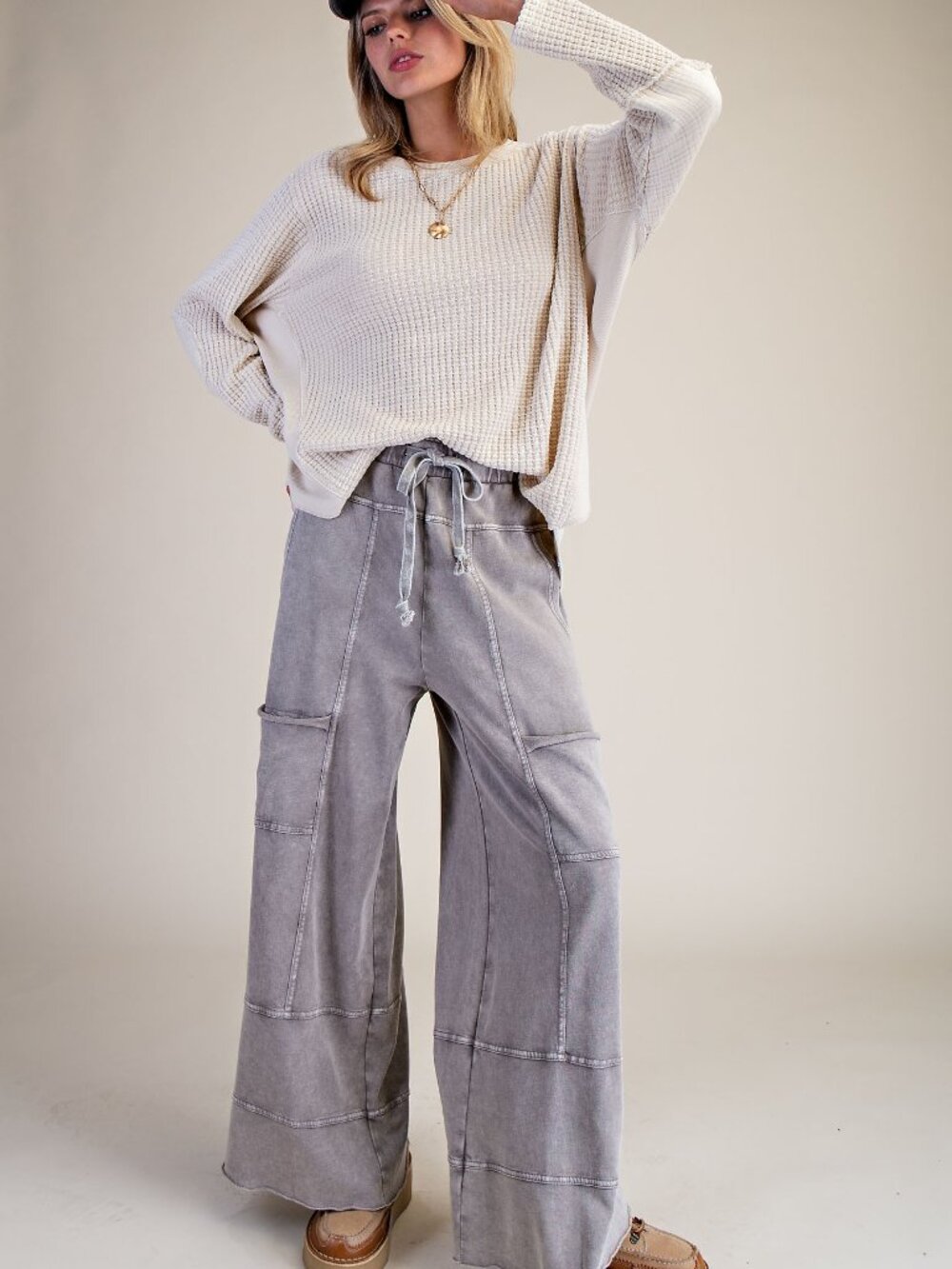 EASEL EASEL MINERAL WASHED TERRY KNIT PANTS 100% COTTON